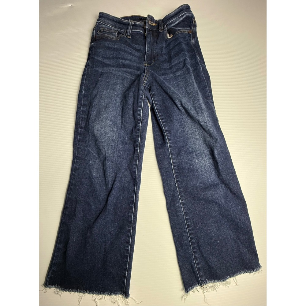 Judy‎ Blue Wide Leg Cropped Jeans Distressed Frayed Hem Dark Wash Size 5 27